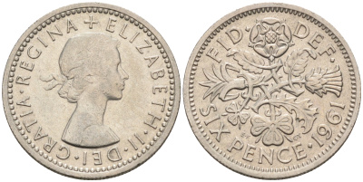 Великобритания 6 пенсов 1961 Елизавета II (1952-2022) KM 903, Spink 4149 медно-никель 4588-1241