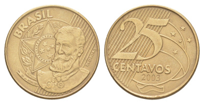 Бразилия 25 сентаво 2003 KM 650.1 сталь плакированная латунью 4642-1122
