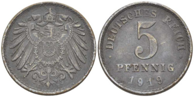 ГЕРМАНИЯ 5 ПФЕННИГОВ 1919 E KM 19, J. 297, Weege 5 железо 206-724