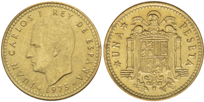 ИСПАНИЯ 1 ПЕСЕТА 1975 (76) ХУАН КАРЛОС I ( 1975-) KM 806 алюминиевая бронза 216-417