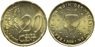 Нидерланды 20 евроцентов 2003 Беатрикс (1980-2013) KM 238 латунь UNC 4391-326