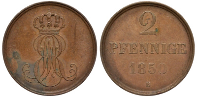 Ганновер 2 пфеннига 1850 B, Эрнст Август (1837-1851) KM 202.1, AKS 124, J. 75 медь 75-1944
