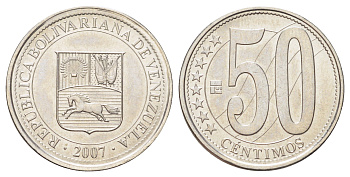 Венесуэла 50 сентимо 2007 Y 92 сталь плакированная никелем UNC 4699-636
