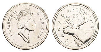 Канада 25 центов 1999 Елизавета II (1952-2022), олень KM 184 никель PROOF-LIKE (BU) 4638-546