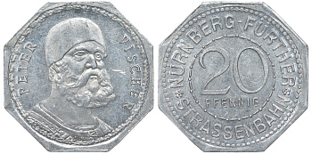 Нюрнберг 20 пфеннигов ND нотгельд Питер Вишер алюминий 51-1052