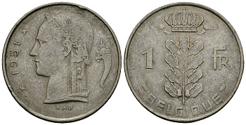 Бельгия 1 франк 1951 Belgique KM 142 медно-никель 4172-527