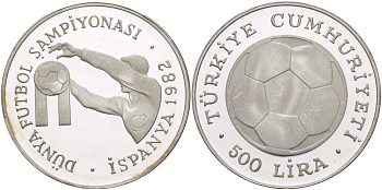 Турция 500 лир 1982 Чемпионат мира по футболу в Испании 1982 года, мяч, вратарь KM 953 серебро PROOF 1074-4-52