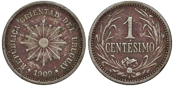 Уругвай 1 сентесимо 1909 KM 19 медно-никель 4169-567