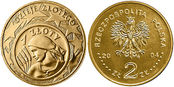 Польша 2 злотых 2004 MW, история злотого, монета на монете KM 479 нордик UNC 4448-323