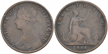 Великобритания 1 фартинг 1866 Виктория (1837-1901) KM 747.2, Spink 3958 бронза 3955-1241