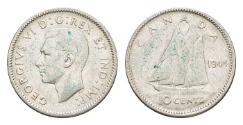 Канада 10 центов 1944 Георг VI (1936-1952), парусник KM 34 серебро 4639-546