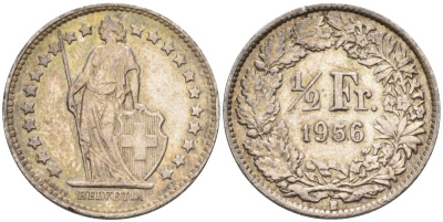 Швейцария 1/2 франка 1956 В KM 23 серебро 95-334