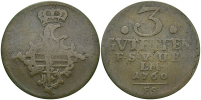 Саксен-Веймар-Эйзенах 3 пфеннига 1760 FS, Анна Амалия Брауншвейгская (1758-1775) KM 34, Koppe 593, Slg. Merseburger 3999 медь 65-611