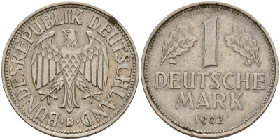 ФРГ 1 марка 1962 D KM 110, J. 385 медно-никель 4159-1046