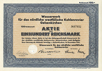Германия 100 рейхсмарок 1941 Гидротехнические сооружения для угольного месторождения Гельзенкирхен в Северной Вестфалии, акция   бумага   8802-37-1