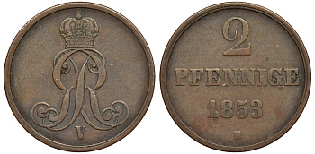 Брауншвейг-Каленберг-Ганновер 2 пфеннига 1853 B, Георг V (1851-1866) KM 217,aKS 152, J. 84 медь 4142-222