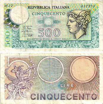 Италия 500 лир 1979 Меркурий Pick 94 бумага 8592-48-2-2