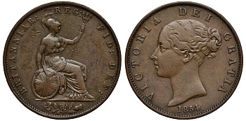 Великобритания 1/2 пенни 1854 Виктория (1837-1901) KM 726, Spink 3949 медь 1518-1621