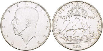 Швеция 2 кроны 1938 G, Густав V (1907-1950), 300 лет шведским поселениям в Делавере KM 807 серебро 413-1043