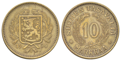 Финляндия 10 марок 1934 KM 32a алюминиевая бронза 4666-837