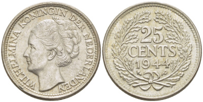 Нидерланды 25 центов 1944 Вильгельмина (1890-1948) KM 164 серебро aUNC 66-1154