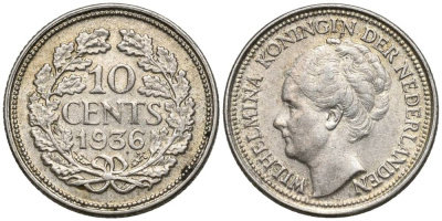 Нидерланды 10 центов 1936 Вильгельмина I (1890-1948) КМ 163 серебро 4549-1044