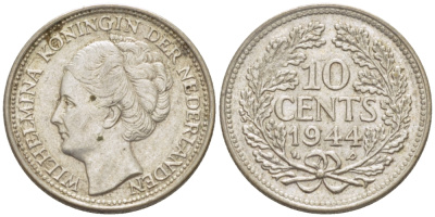 Нидерланды 10 центов 1944 Вильгельмина (1890-1948) KM 163 серебро aUNC 66-1266