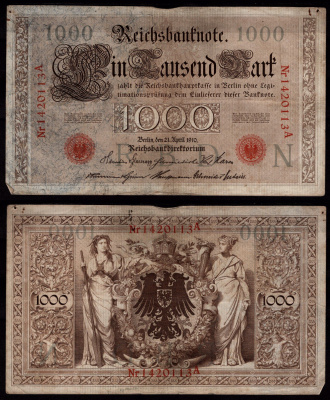 Германия 1000 марок 1910 Берлин, A; аллегорические фигуры («Мореплавание» и «Земледелие»), герб Pick 44 b бумага 7547-80-2-2