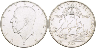 Швеция 2 кроны 1938 G, Густав V (1907-1950), 300 лет шведским поселениям в Делавере KM 807 серебро 413-1043