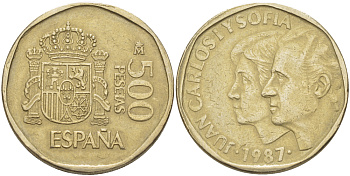 ИСПАНИЯ 500 ПЕСЕТ 1987 ХУАН КАРЛОС И СОФИЯ, ХУАН КАРЛОС I ( 1975-) KM 831 медь алюминий никель 4185-1023