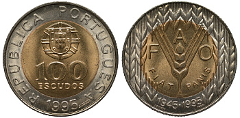 Португалия 100 эскудо 1995 50 лет продовольственной программе FAO KM 678 биметалл UNC M22-16