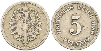 ГЕРМАНИЯ 5 ПФЕННИГОВ 1888 А, СТАРОГЕРБОВКА KM 3, J. 3 медно-никель 206-1165