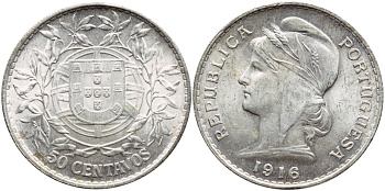 Португалия 50 сентаво 1916 голова свободы KM 561 серебро  UNC  1530-1141