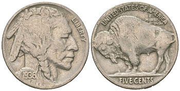 США 5 центов 1936 индеец, бизон KM 134 медно-никель 4614-1245