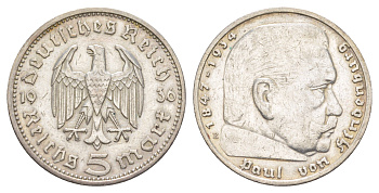 Германия 5 рейхсмарок 1936 E, Гинденбург KM 86 серебро 1531-1242