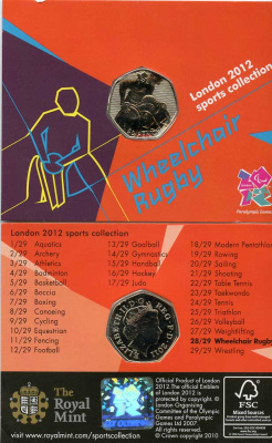 Великобритания 50 пенсов 2011 XXX летние Олимпийские игры в Лондоне в 2012 году, регби на колясках, в оригинальном картонном буклете, с Олимпийской голограммой (28/29) KM 1187 медно-никель  UNC  3-6-6-20