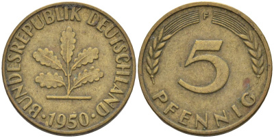 ФРГ 5 пфеннигов 1950 F KM 107 сталь плакированная латунью 4115-456