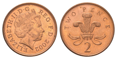 Великобритания 2 пенса 2002 Елизавета II (1952-2022) KM 987, Spink 4690 (C5) сталь плакированная медью UNC 4628-812