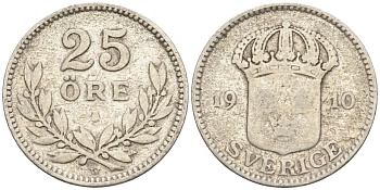 Швеция 25 эре 1910 W, Густав V (1907-1950) KM 785 серебро 4147-935
