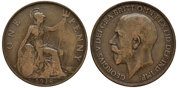Великобритания 1 пенни 1918 H, Георг V (1910-1936) HEATON MINT KM 810, Spink 4052 бронза 1524-534