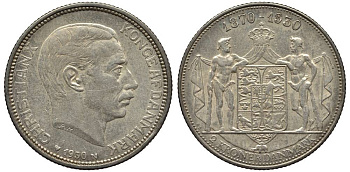 Дания 2 кроны 1930 N; AH, 60 лет королю Кристиану X (1870-1930) KM 829 серебро 69-423