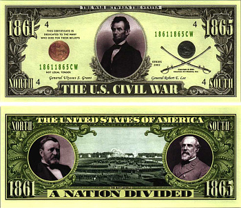 США СУВЕНИРНАЯ БАНКНОТА 2002 ГРАЖДАНСКАЯ ВОЙНА В АМЕРИКЕ МЕЖДУ СЕВЕРОМ И ЮГОМ (1861-1865), АВРААМ ЛИНКОЛЬН бумага UNC (ПРЕСС) 7198-44-1-2