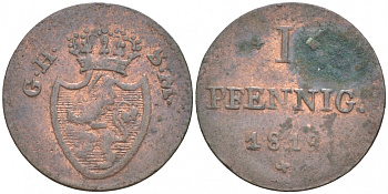 Гессен-Дармштадт 1 пфенниг 1819 GH - SM KM 280 медь 73-637