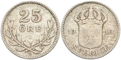 Швеция 25 эре 1910 W, Густав V (1907-1950) KM 785 серебро 4147-935
