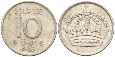 Швеция 10 эре 1959 Густав VI Адольф (1950-1973) KM 823 серебро 4147-924