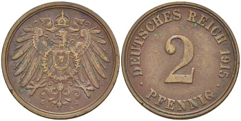 ГЕРМАНИЯ 2 ПФЕННИГА 1915 A KM 16, J. 11, Weege 4 медь 206-649