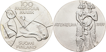 Финляндия 100 марок 1989 Центральный художественный музей Атенеум, лось KM 75 серебро UNC 1525-1333