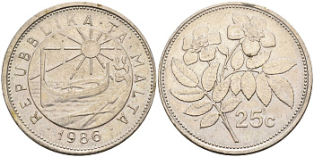 Мальта 25 центов 1986 шиповник вечнозелёный KM 80 медно-никель 4586-1245
