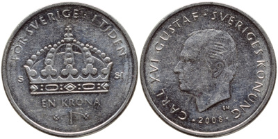 Швеция 1 крона 2008 Карл XVI Густав (1973- ) KM 894 медно-никель 86-933
