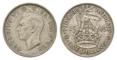 Великобритания 1 шиллинг 1945 Георг VI (1936-1952), Английский герб KM 853, Spink 4082 серебро 4118-122